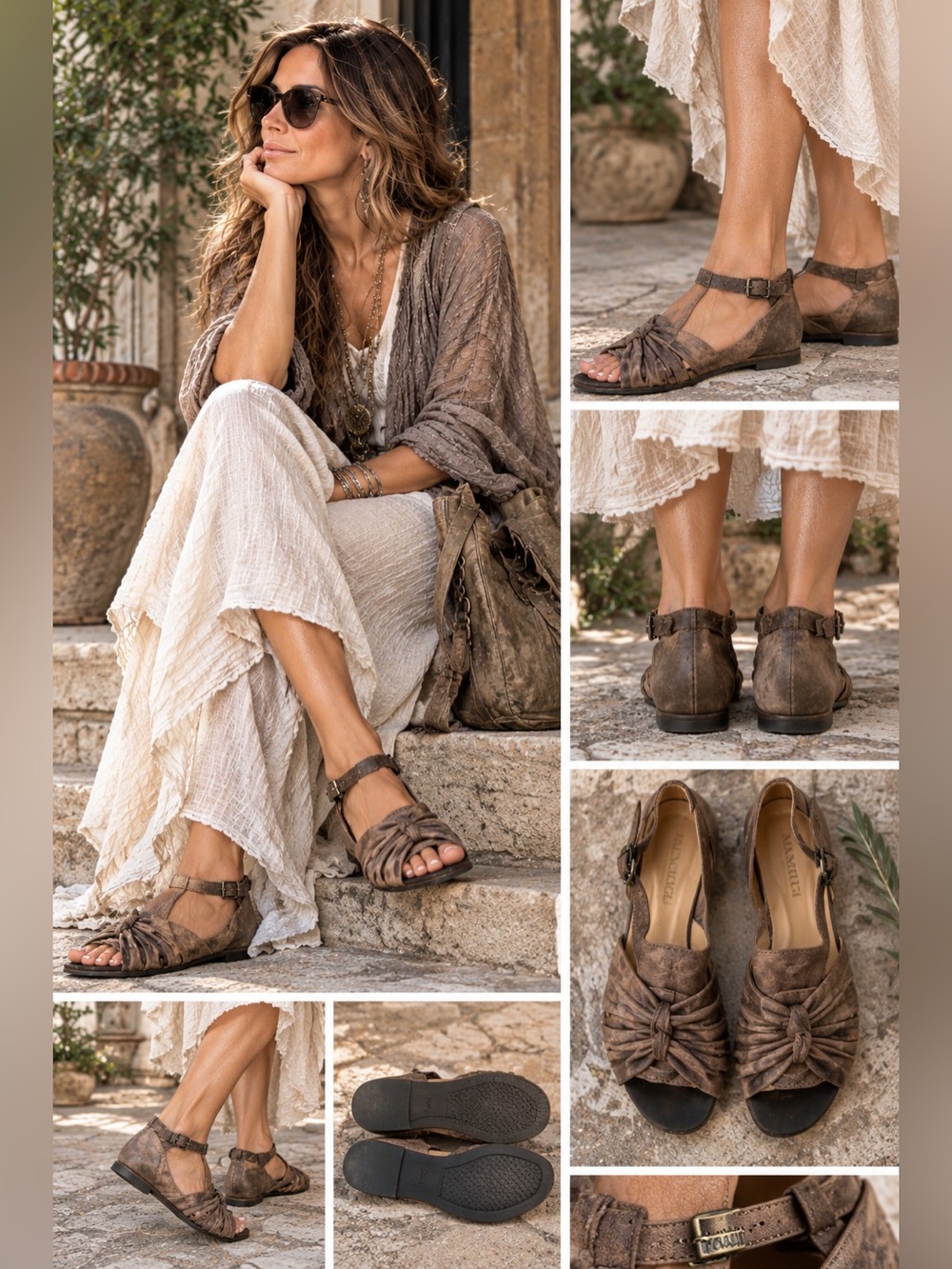 Bruno Magli Made in Italy Brown Leather Ruched Sandals Size 40 / 10